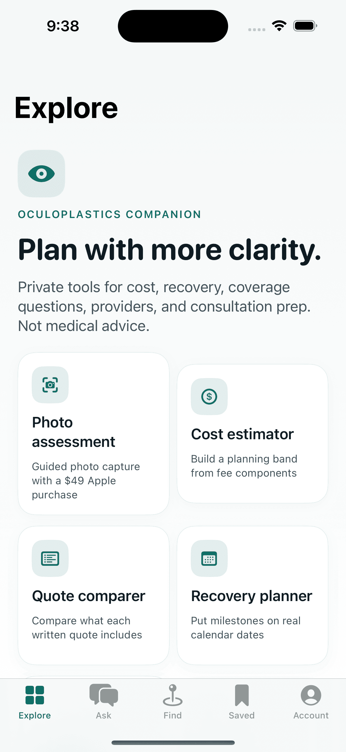SurgeryViz eyelid surgery app shown inside an iPhone with photo assessment, cost estimator, quote comparison, and recovery planning tools